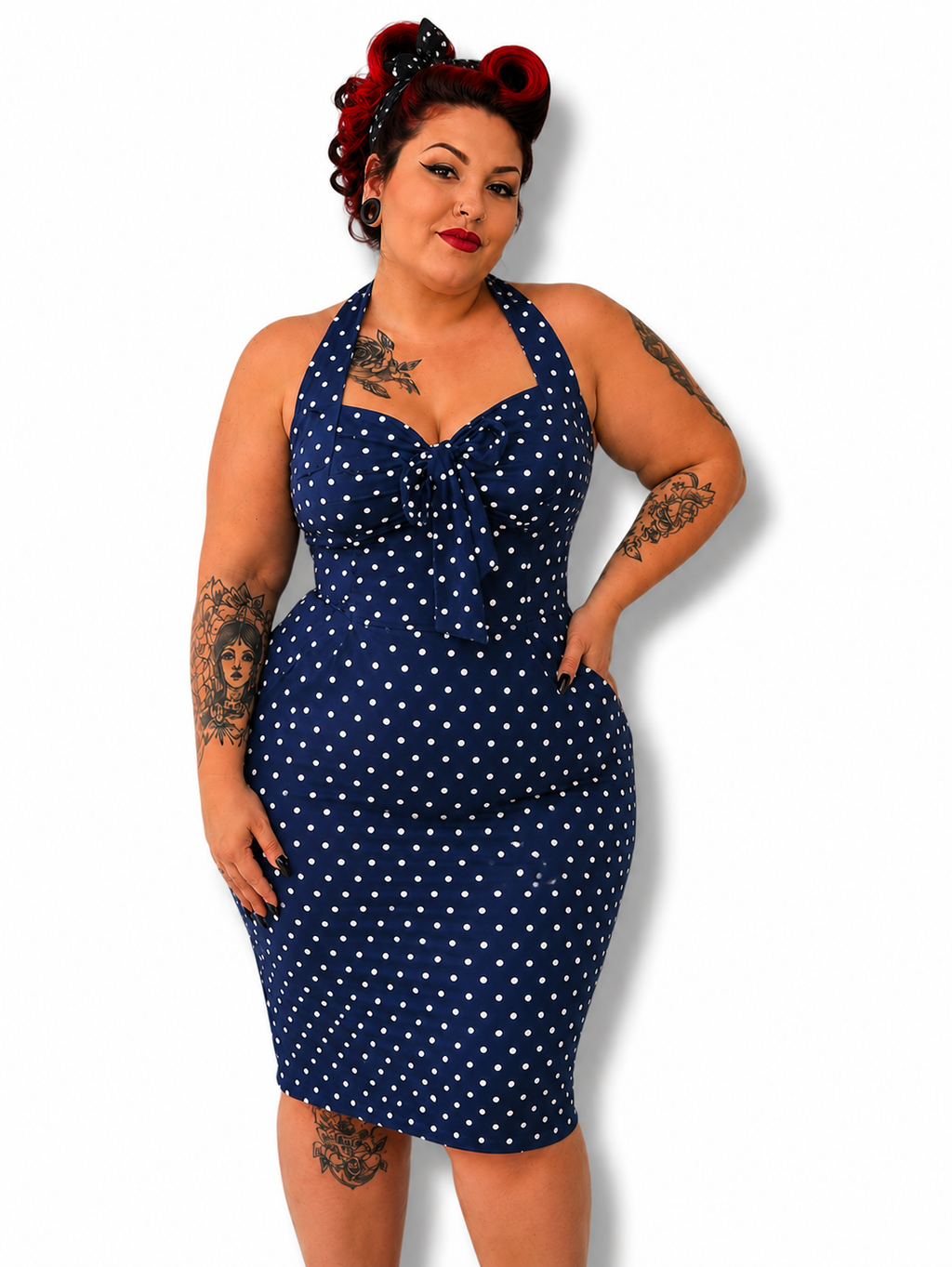 Vestido lápiz azul lunares